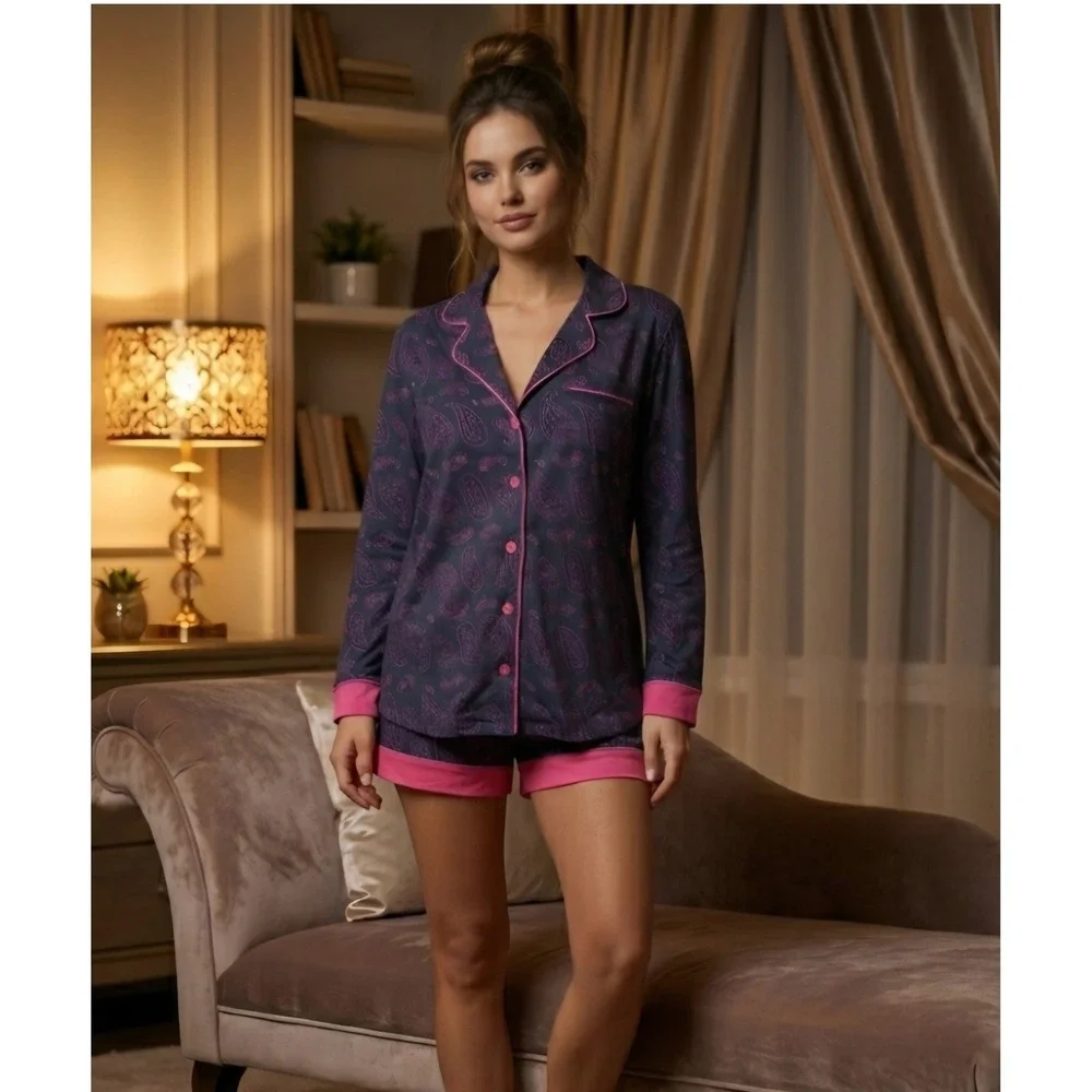 Cosabella Bella Pima Cotton Modal LS Top Boxer Short Set Printed Navy Paisley XS